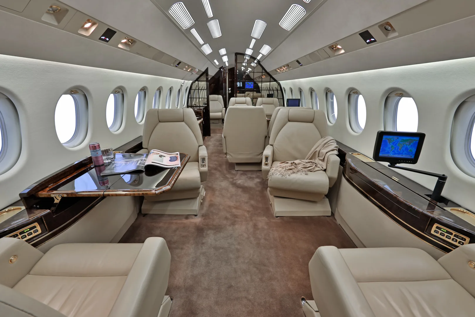 Cabin interior of a 2002 Dassault Falcon 900EX.
