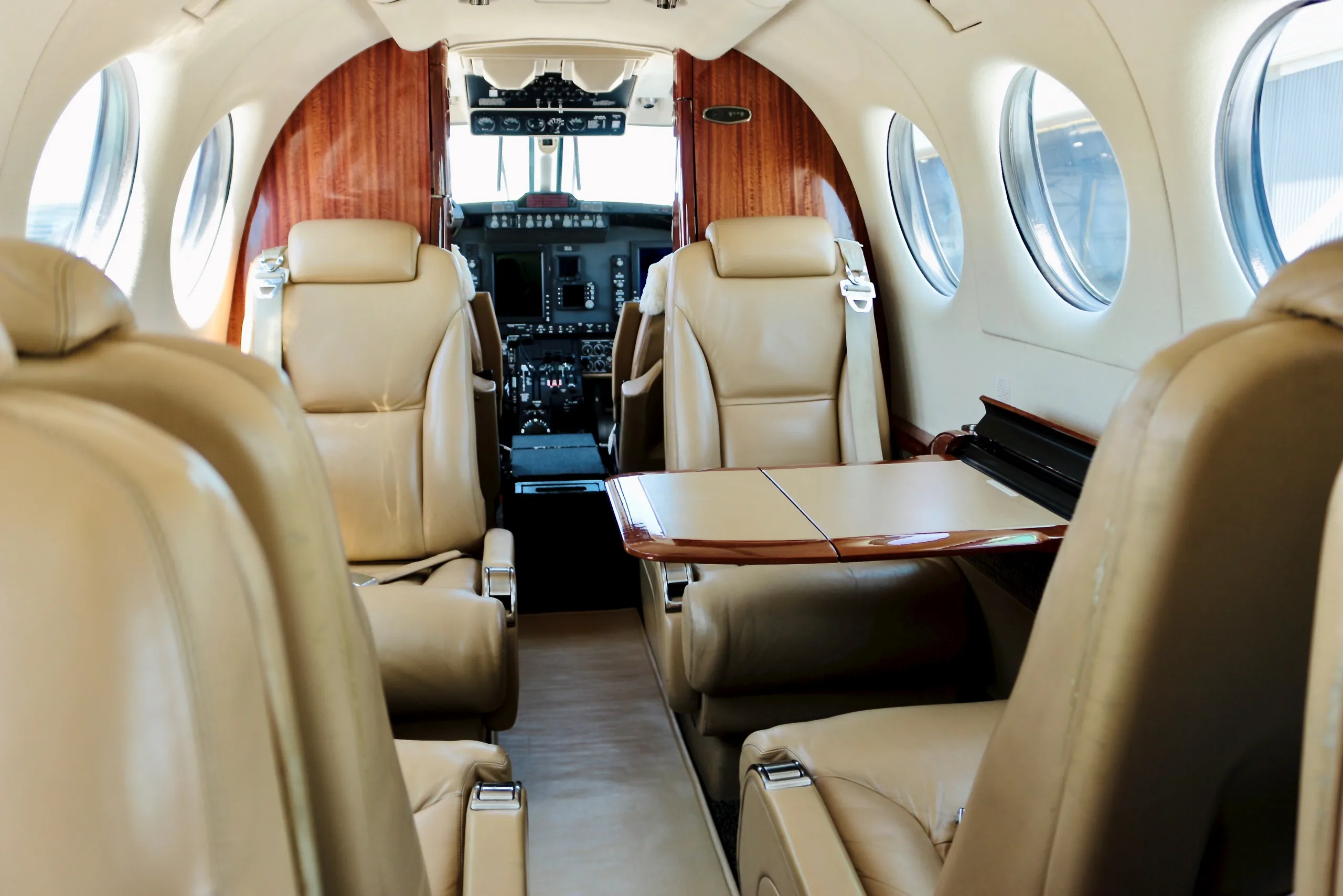 Cabin interior of a 2010 Beechcraft King Air 350i.