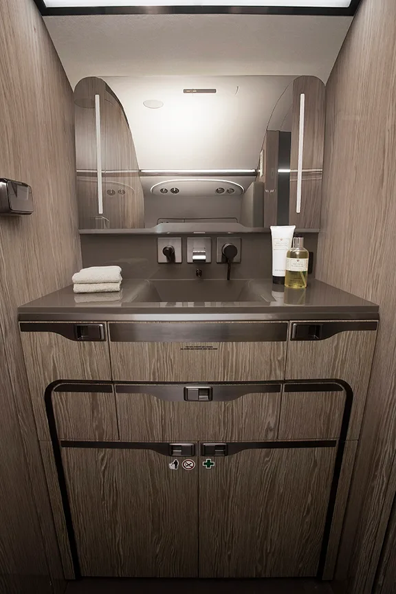 Cabin interior of a 2018 Bombardier Challenger 350.