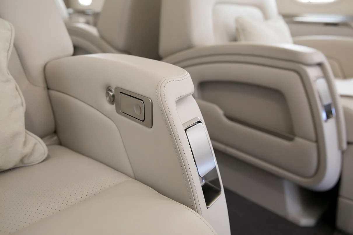 Cabin interior of a 2018 Bombardier Challenger 350.