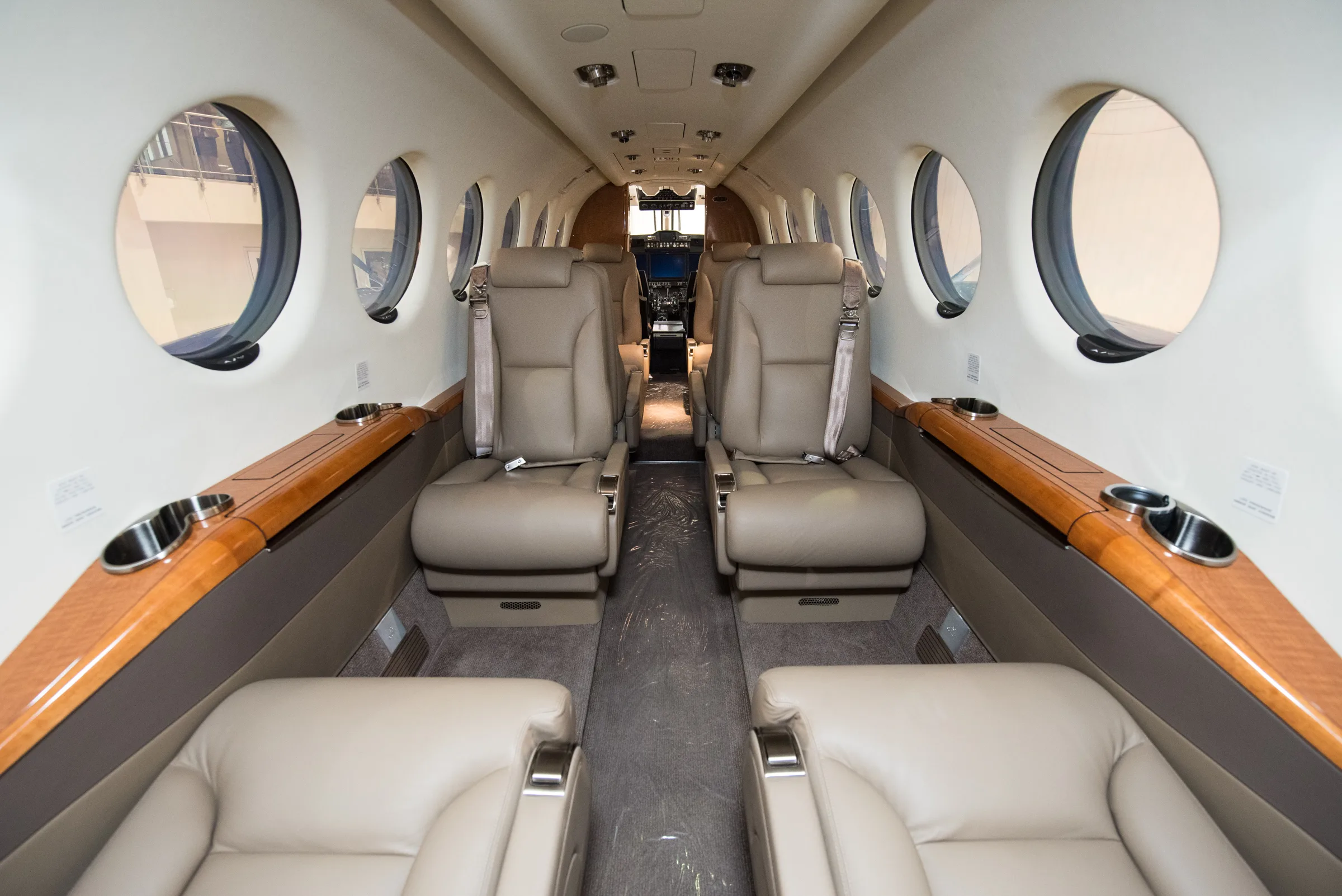 Cabin interior of a 2018 Beechcraft King Air 350i.