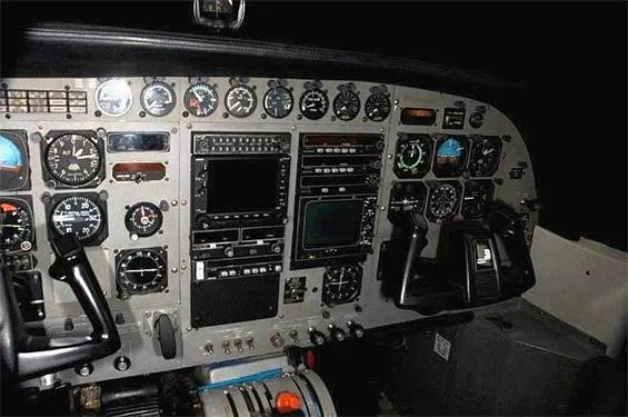 Cockpit and instrument panel of a 1986 Cessna 208 Caravan Super Van.