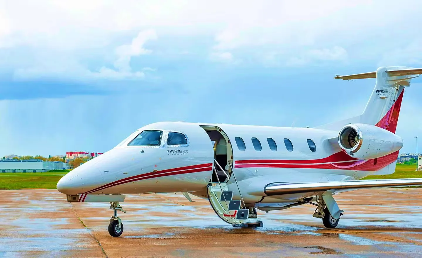 Exterior view of a 2017 Embraer Phenom 300.