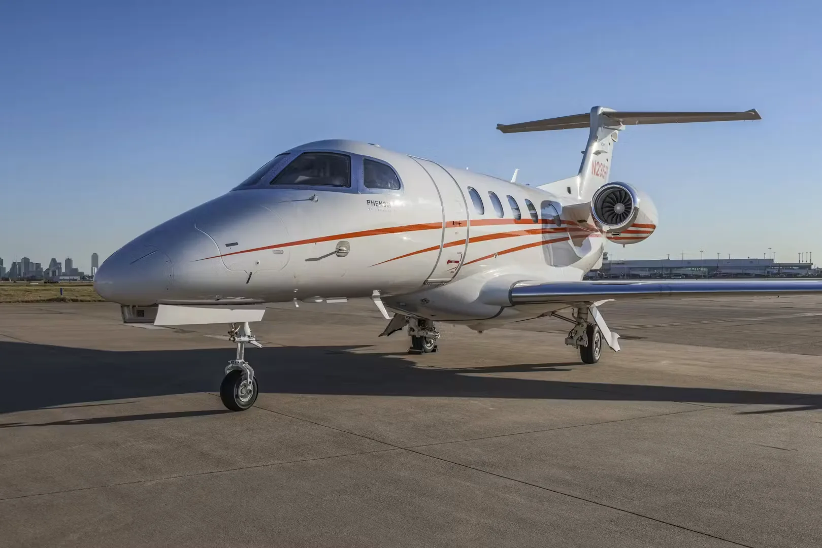 Exterior view of a 2018 Embraer Phenom 300E.
