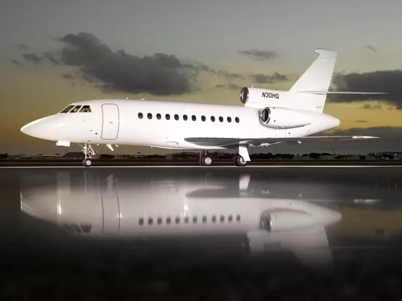 Marketing image of a 1999 Dassault Falcon 900EX.