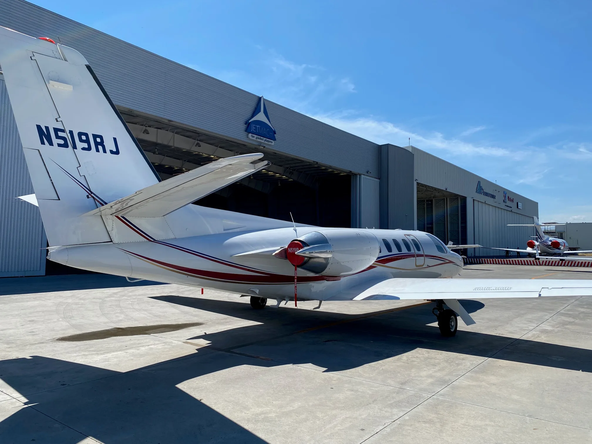 Exterior view of a 2002 Learjet 45, N519RJ.