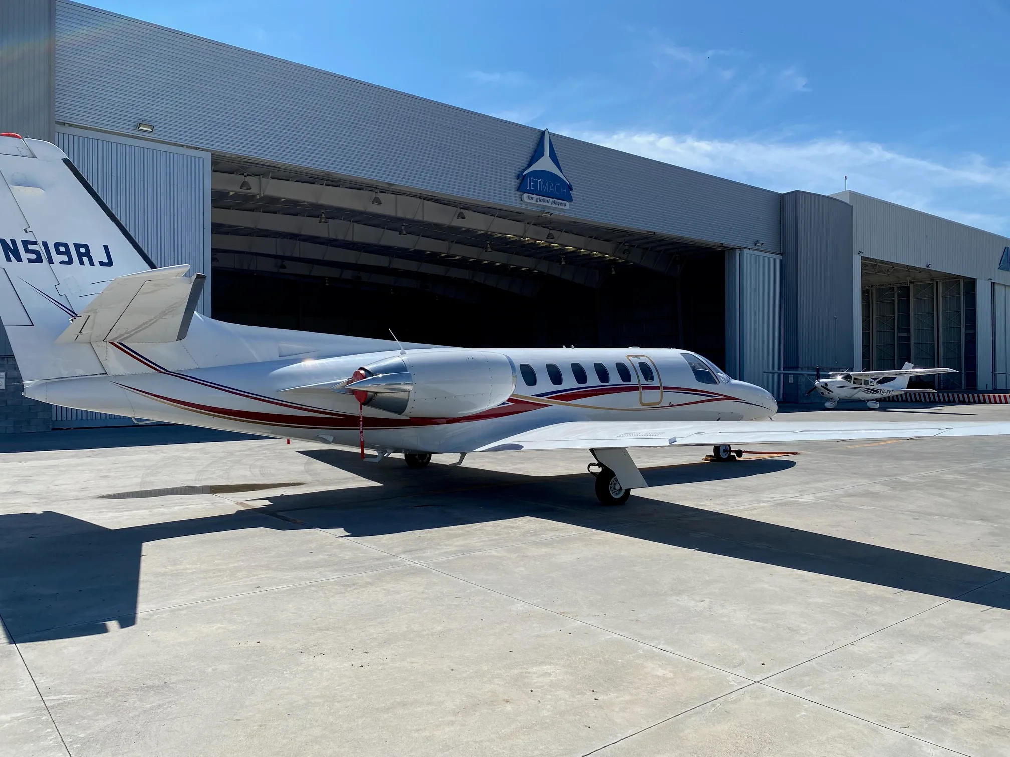 Exterior view of a 2002 Learjet 45, N519RJ.