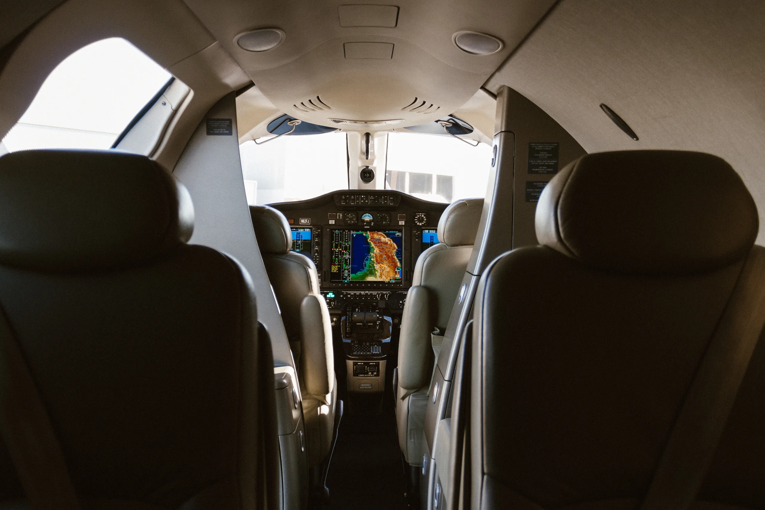 Cabin interior of a Cessna Citation Mustang.