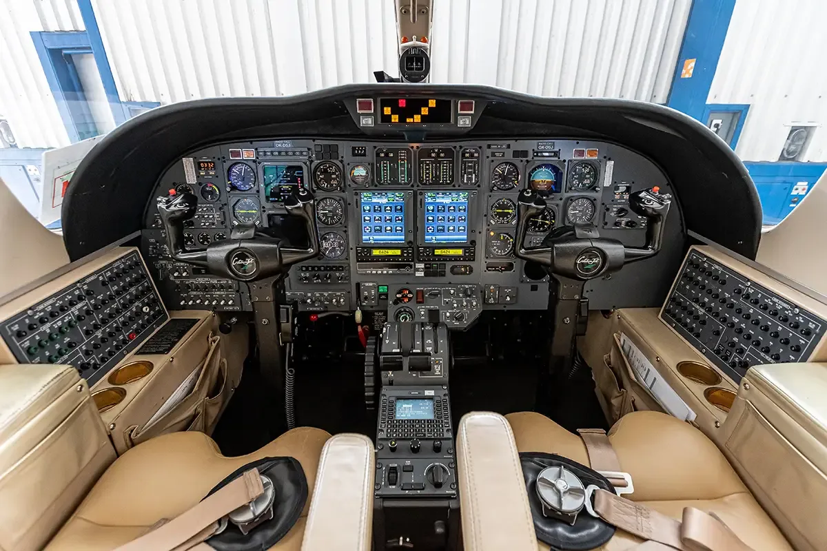 Cockpit and instrument panel of a 1999 Cessna Citation Jet.