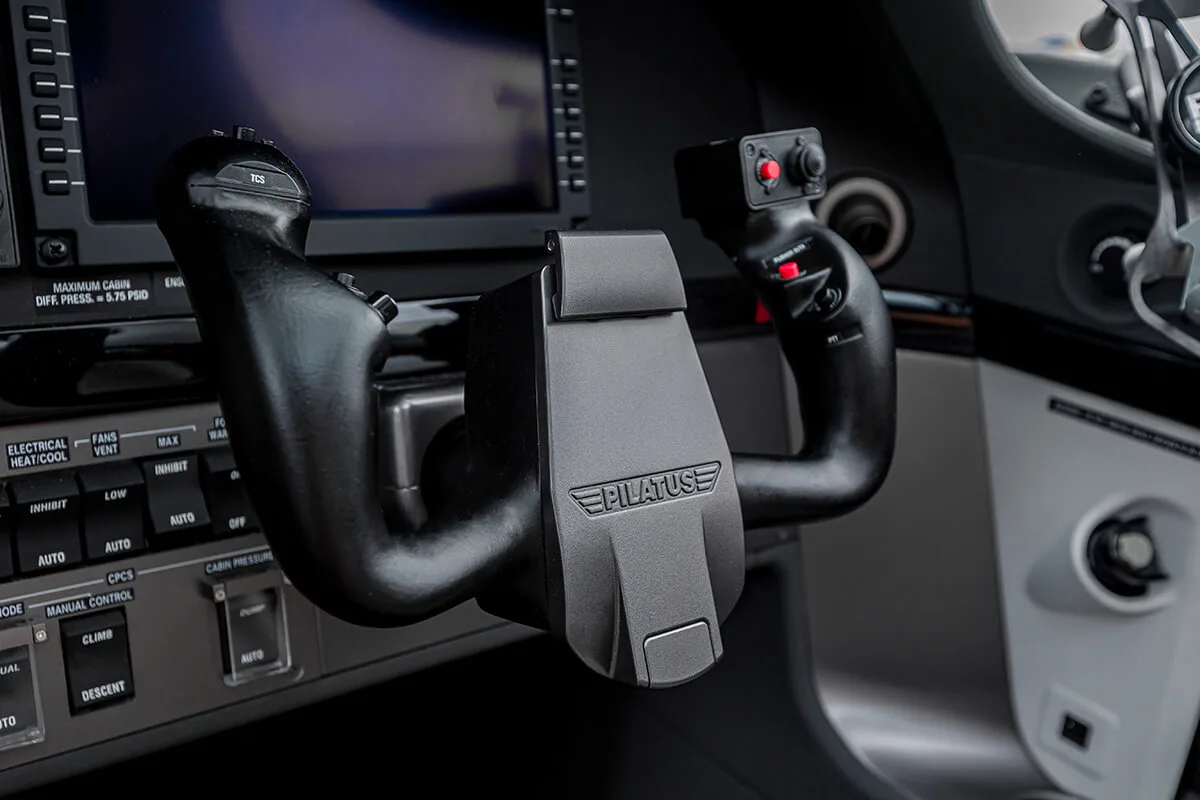 Cockpit and instrument panel of a 2023 Pilatus.