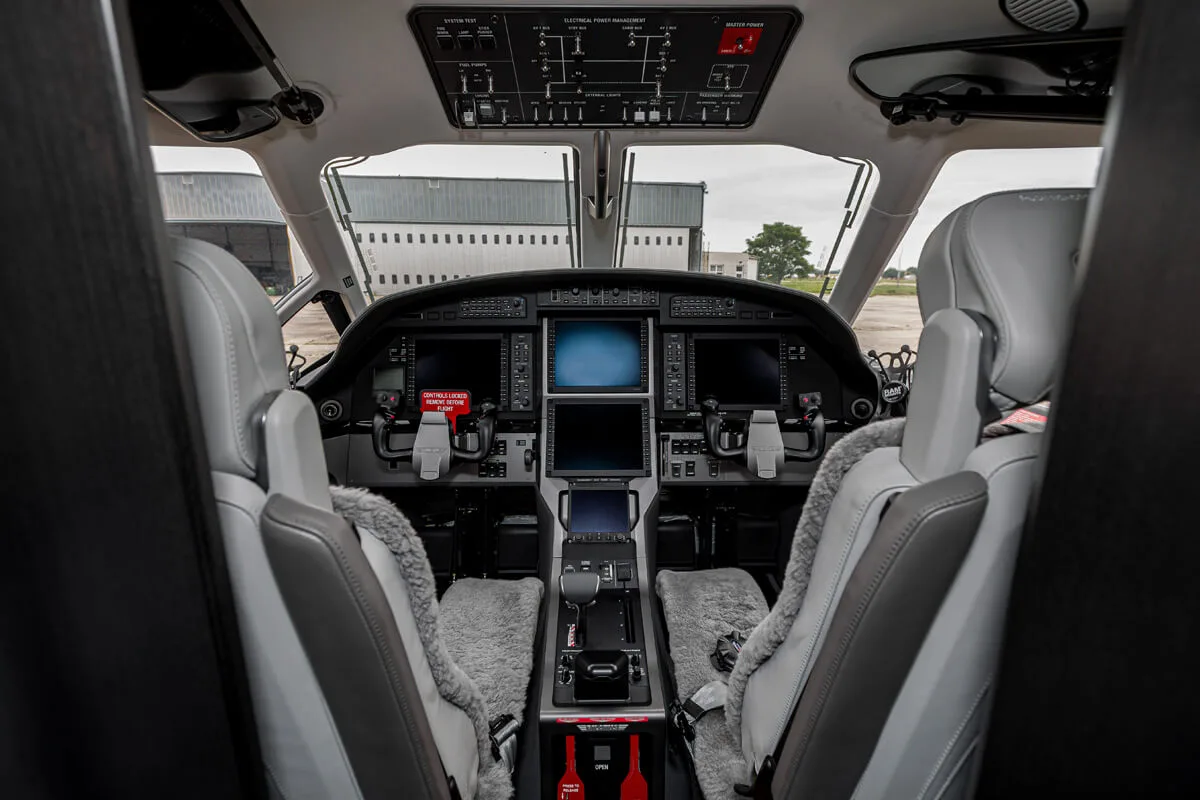 Cockpit and instrument panel of a 2023 Pilatus.
