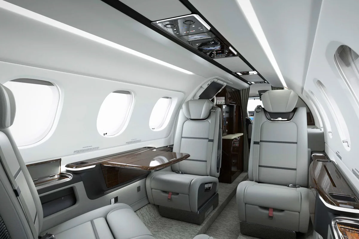 Cabin interior of a 2027 Embraer Phenom 300E.
