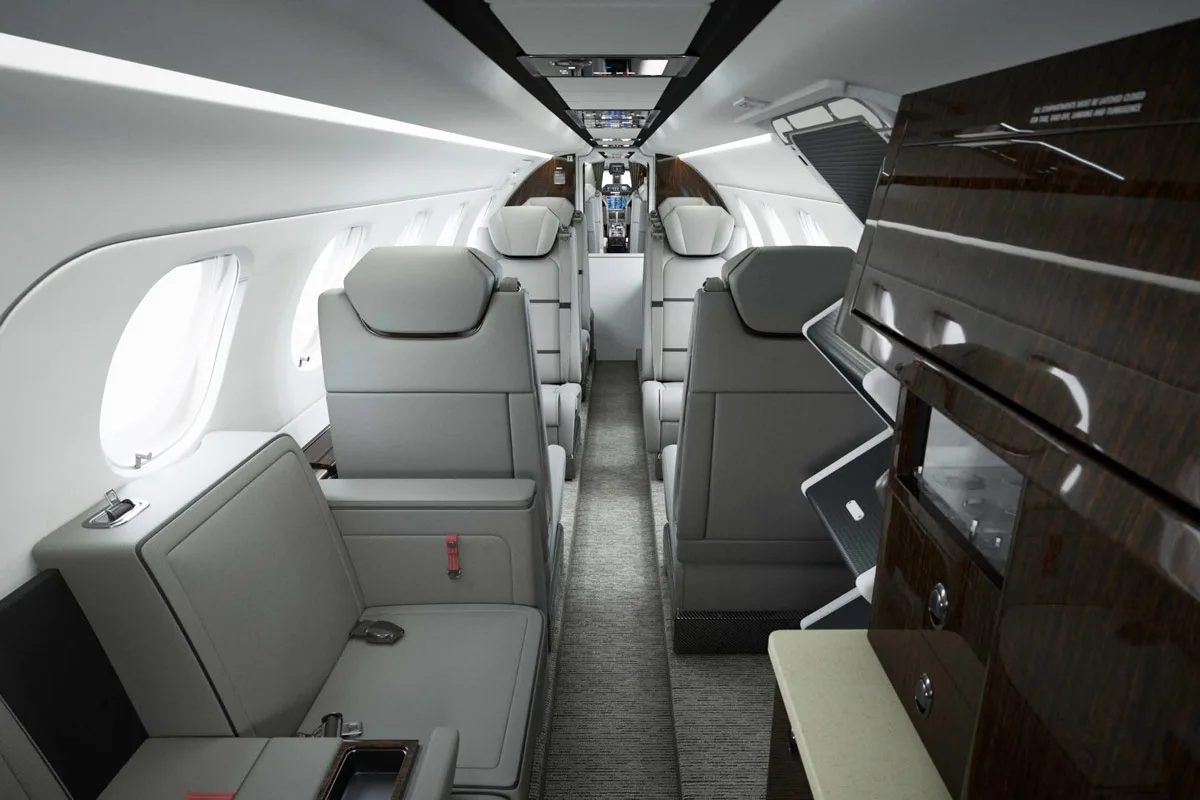 Cabin interior of a 2027 Embraer Phenom 300E.