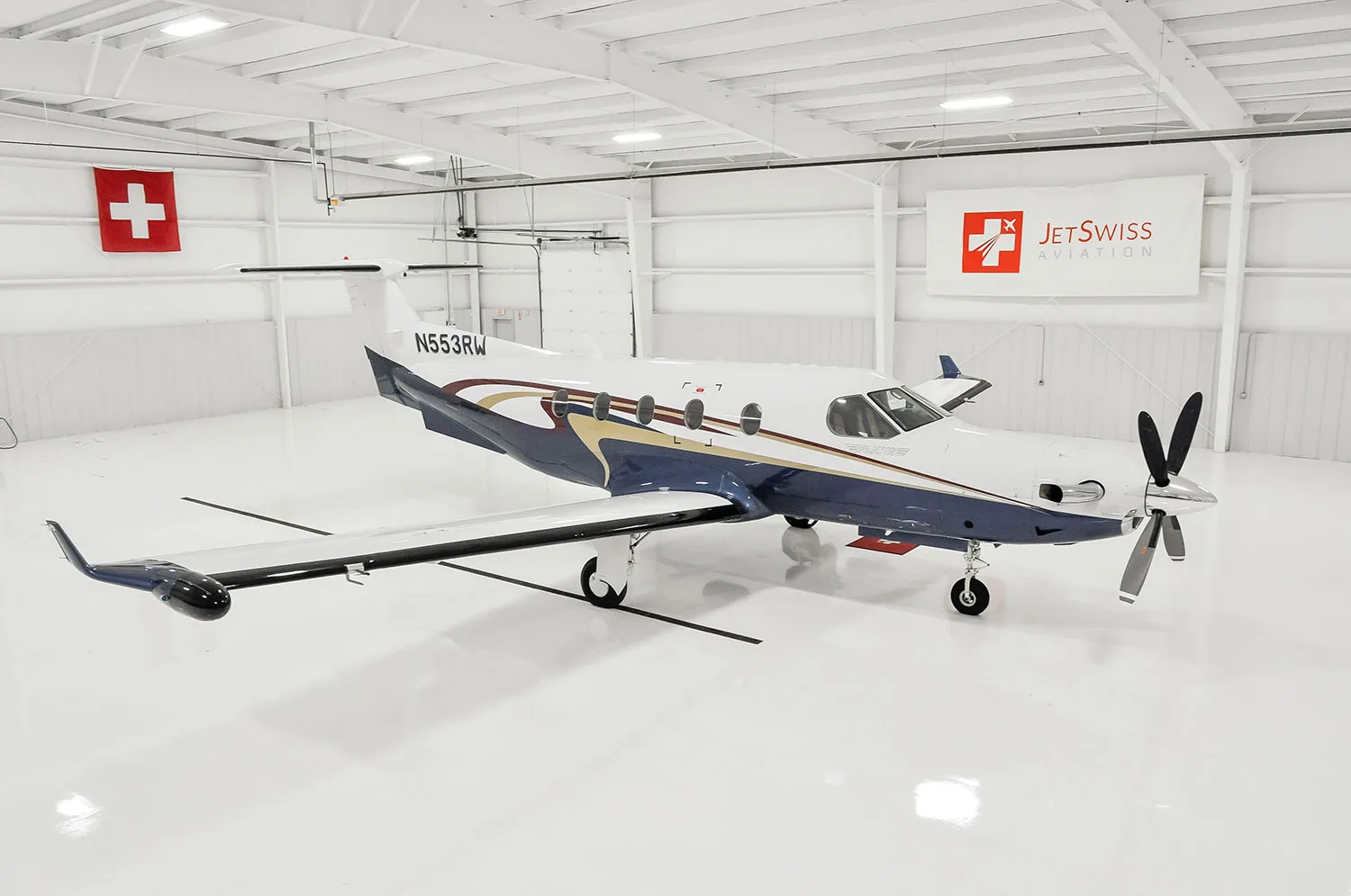 Exterior view of a 2004 Pilatus PC-12/45, N553RW.