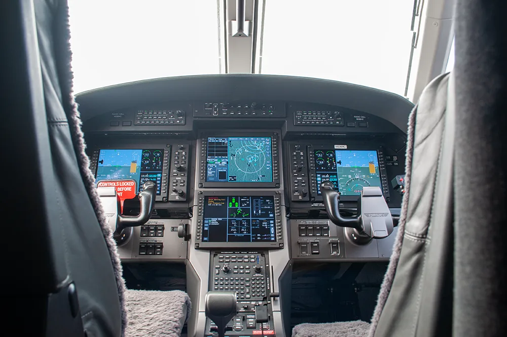 Cockpit and instrument panel of a 2017 Pilatus.
