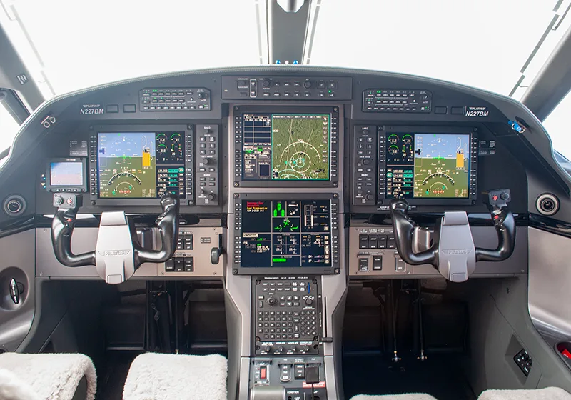 Cockpit and instrument panel of a 2019 Pilatus.