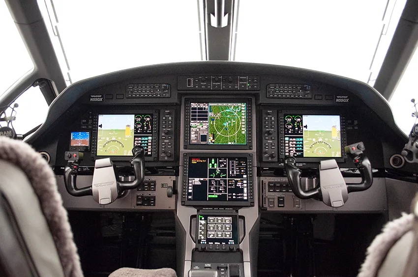 Cockpit and instrument panel of a 2020 Pilatus.