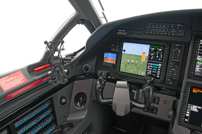 Cockpit and instrument panel of a 2020 Pilatus.