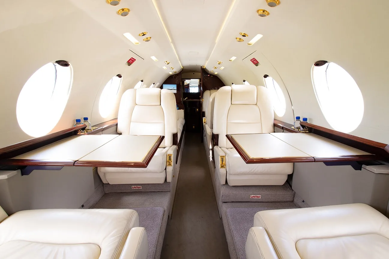 Cabin interior of a 1981 Dassault Falcon 20F-5BR.