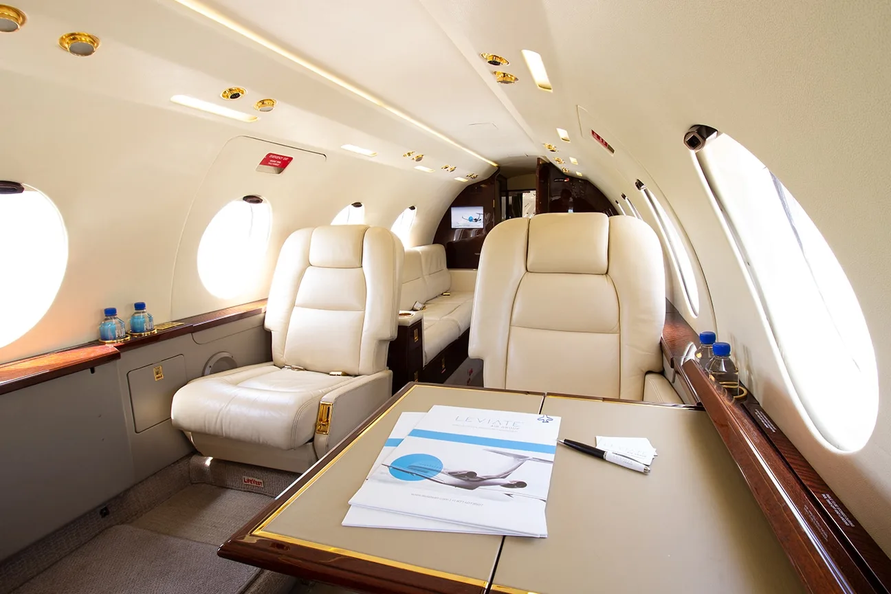 Cabin interior of a 1981 Dassault Falcon 20F-5BR.