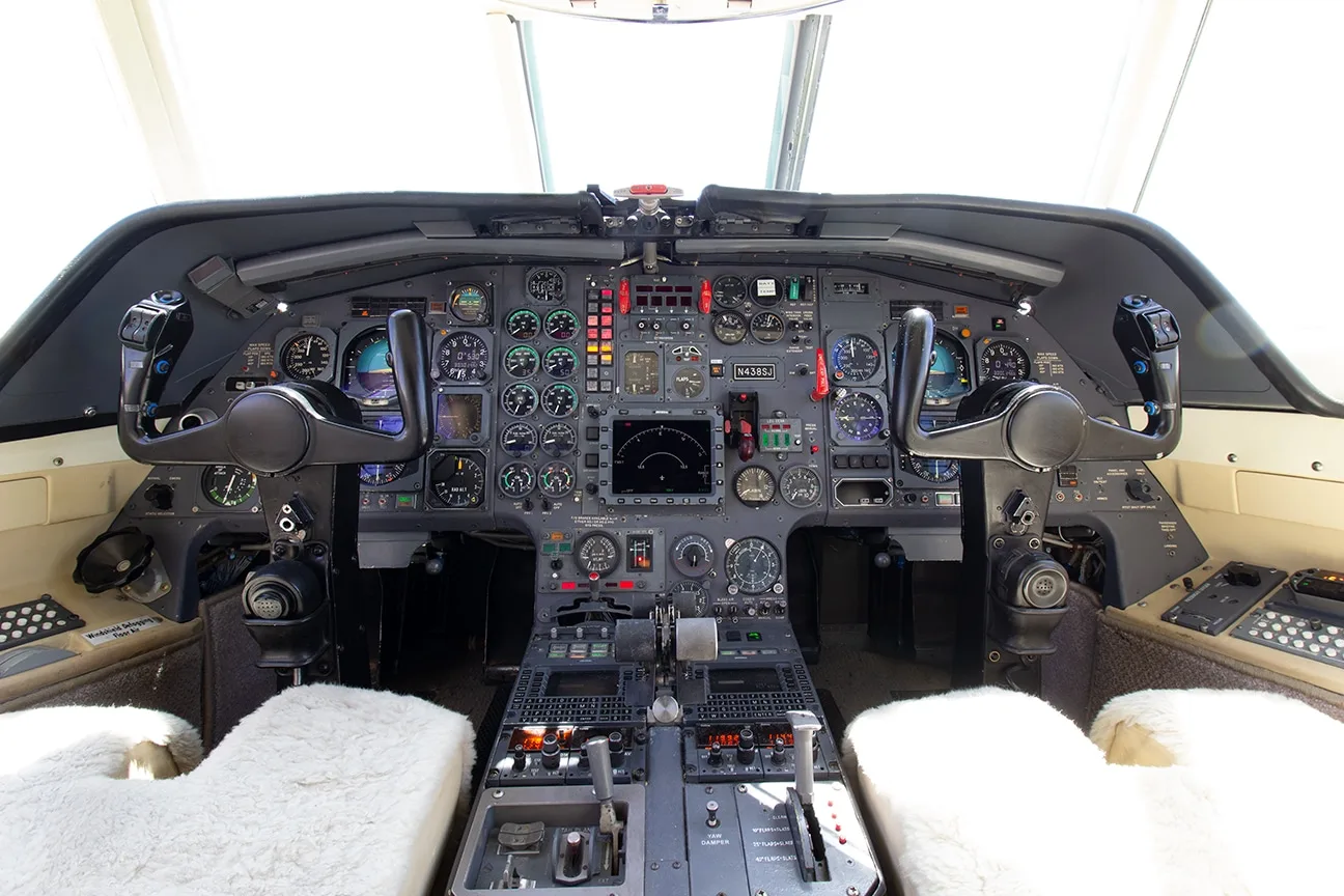 Cockpit and instrument panel of a 1981 Dassault Falcon 20F-5BR.