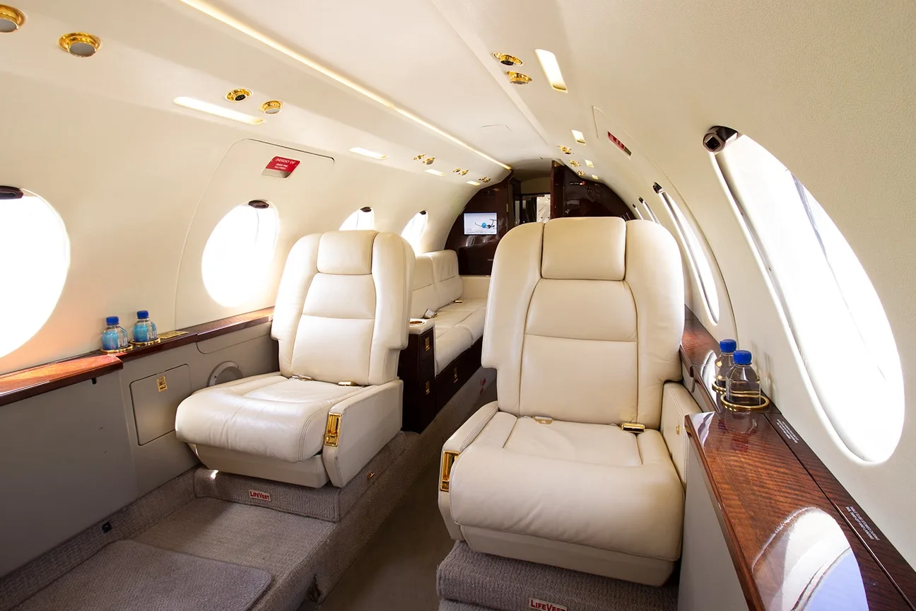 Cabin interior of a 1981 Dassault Falcon 20F-5BR.