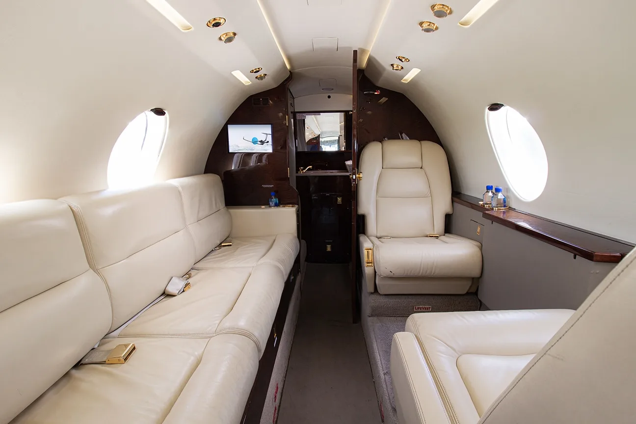 Cabin interior of a 1981 Dassault Falcon 20F-5BR.