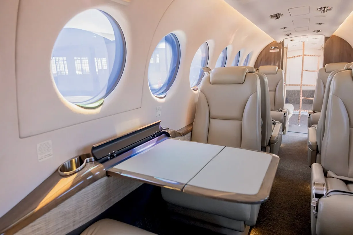 Cabin interior of a 2019 Beechcraft King Air 350i | Leviate Air Group.