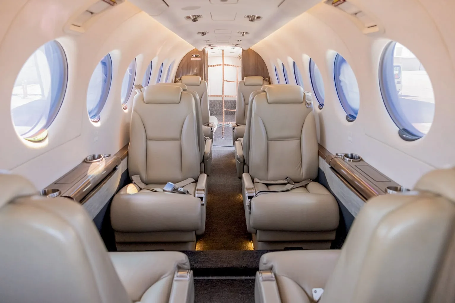 Cabin interior of a 2019 Beechcraft King Air 350i | Leviate Air Group.