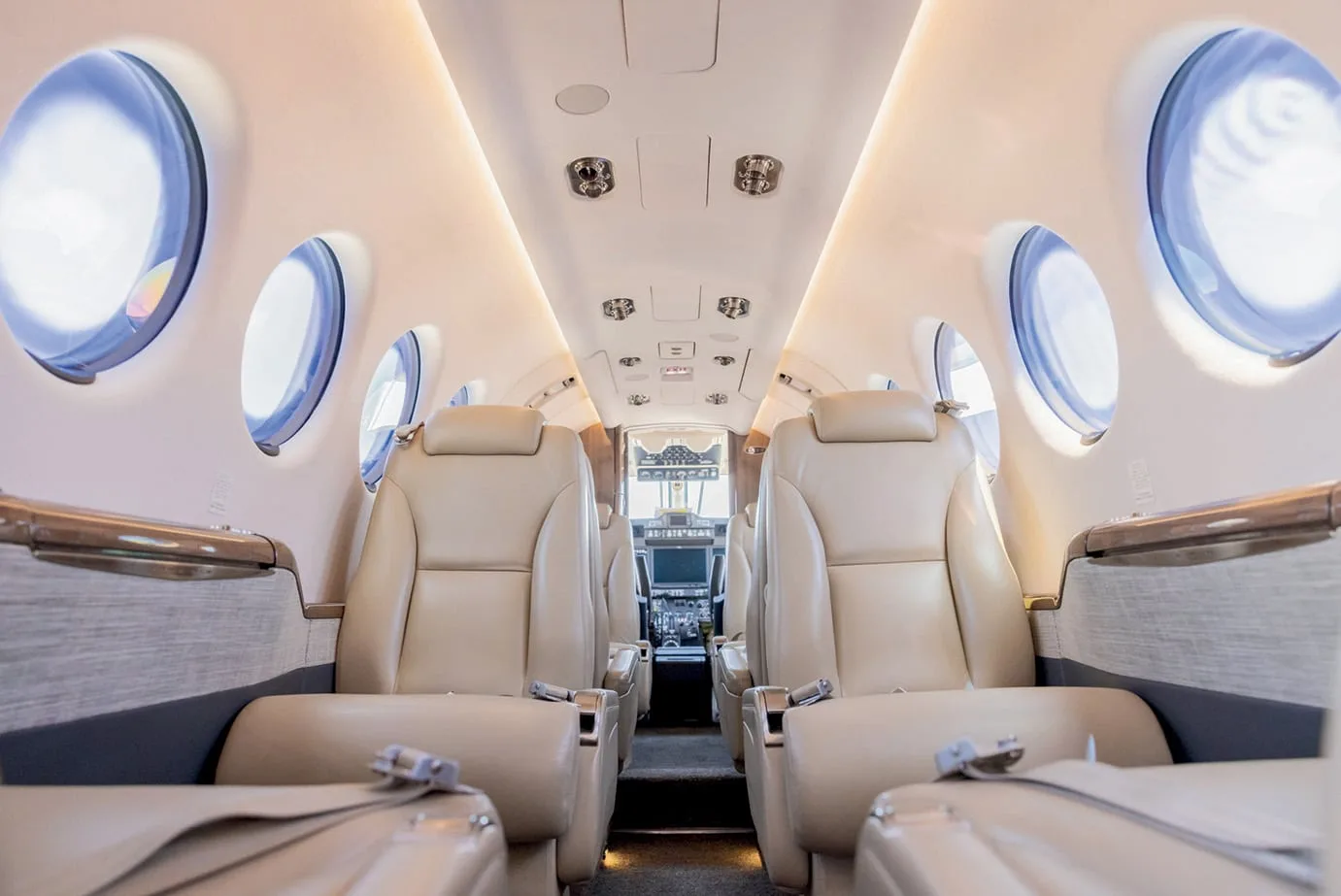 Cabin interior of a 2019 Beechcraft King Air 350i | Leviate Air Group.