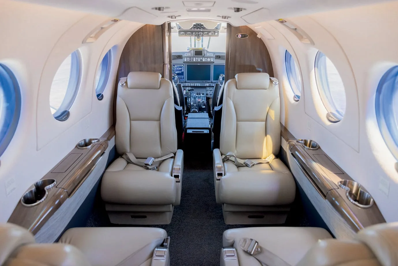 Cabin interior of a 2019 Beechcraft King Air 350i | Leviate Air Group.