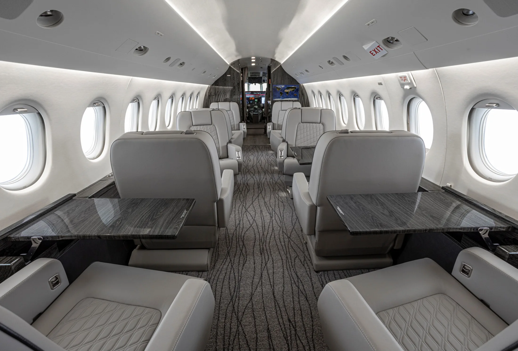 Cabin interior of a 1999 Dassault Falcon 2000.