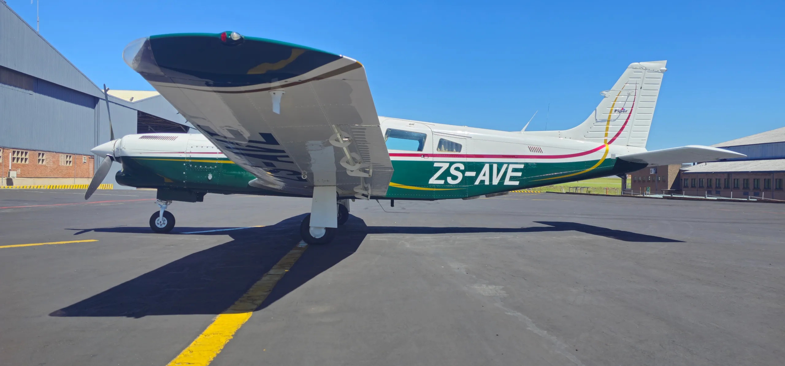 Exterior view of a 1980 Piper Turbo Saratoga SP, ZS-AVE.