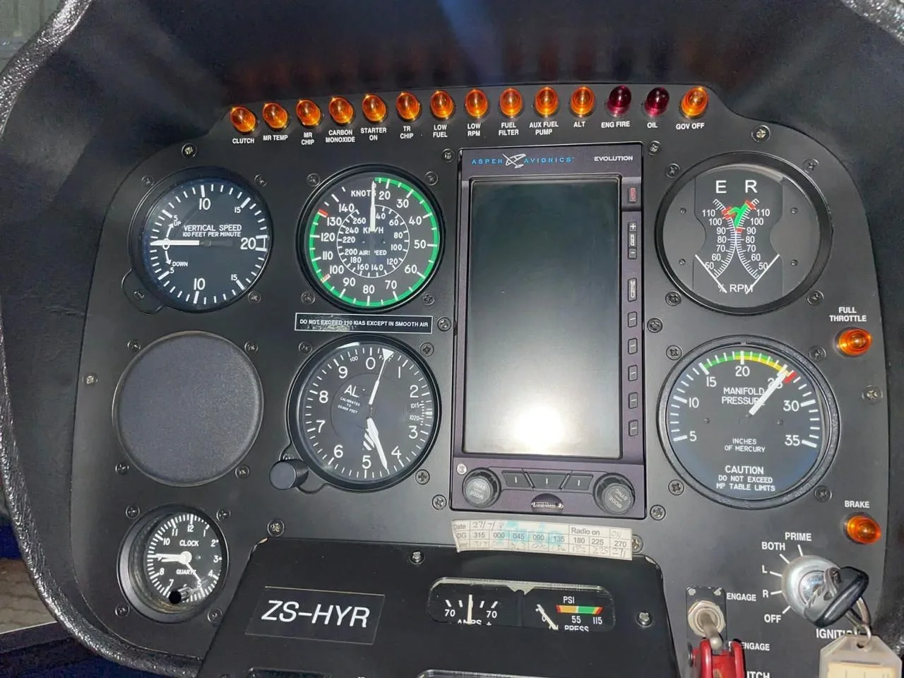 Cockpit and instrument panel of a 2015 Robinson R44 Raven II.