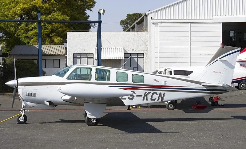 Exterior view of a 1999 Beechcraft Bonanza A36, ZS-KCN.