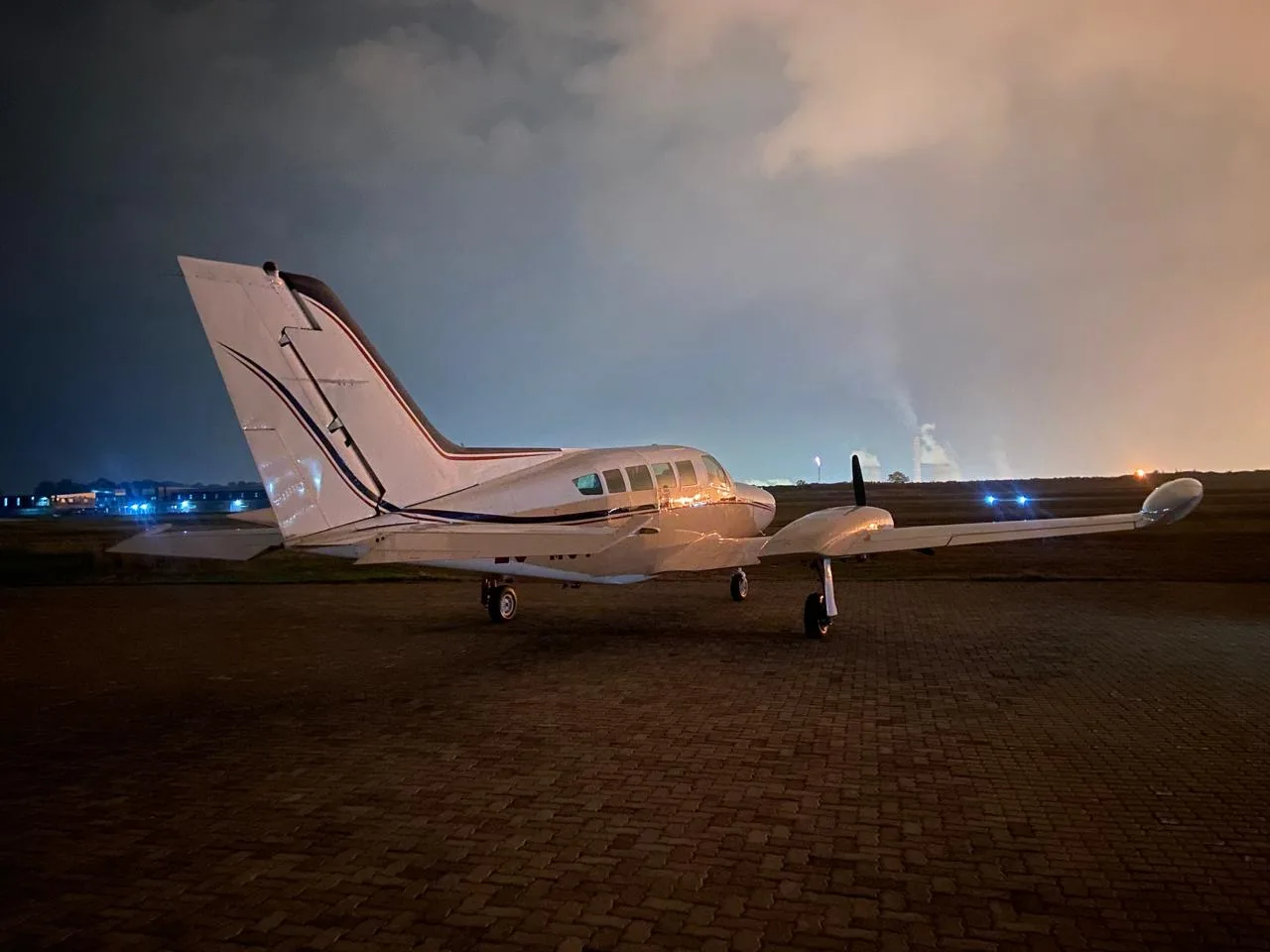 Exterior view of a 1978 Cessna 402B Businessliner II, ZS-MGY.