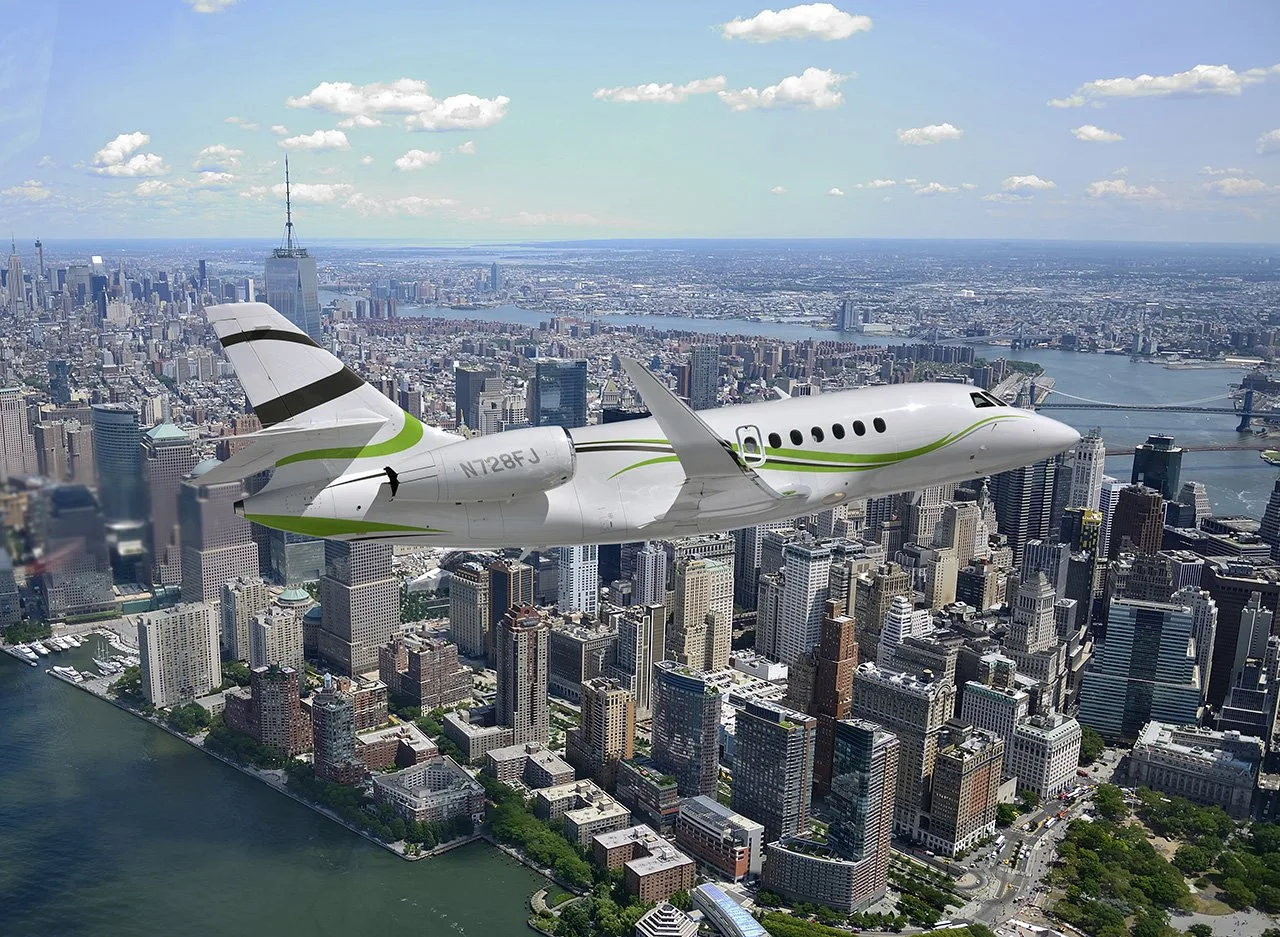 Marketing image of a 2000 Dassault Falcon 2000.