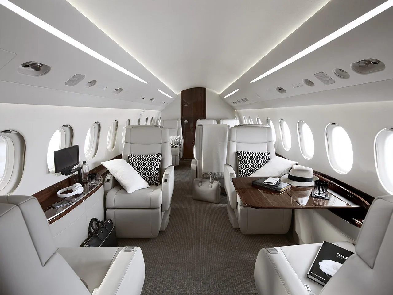 Cabin interior of a 2000 Dassault Falcon 2000.