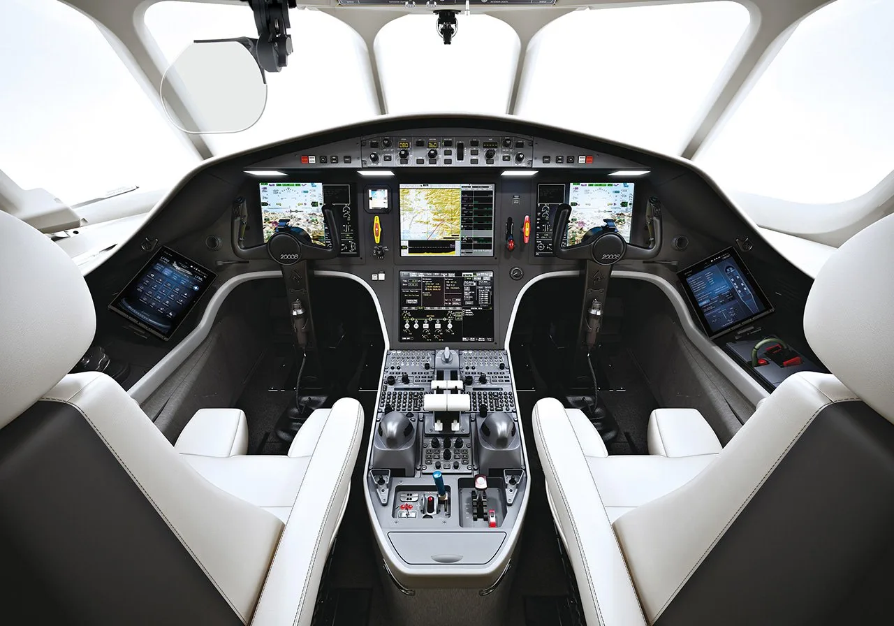 Cockpit and instrument panel of a 2000 Dassault Falcon 2000.