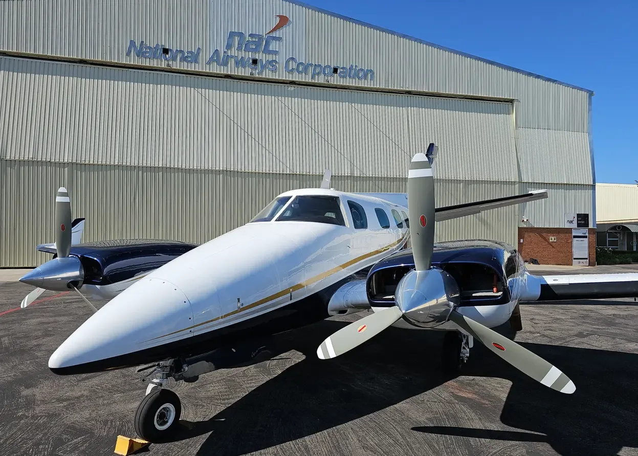 Exterior view of a 1978 Beechcraft Duke B60, ZS-KHA.