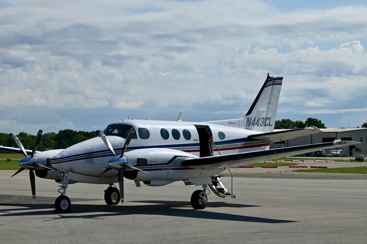 Exterior view of a 1979 Beechcraft King Air E90 SN, N443CL.