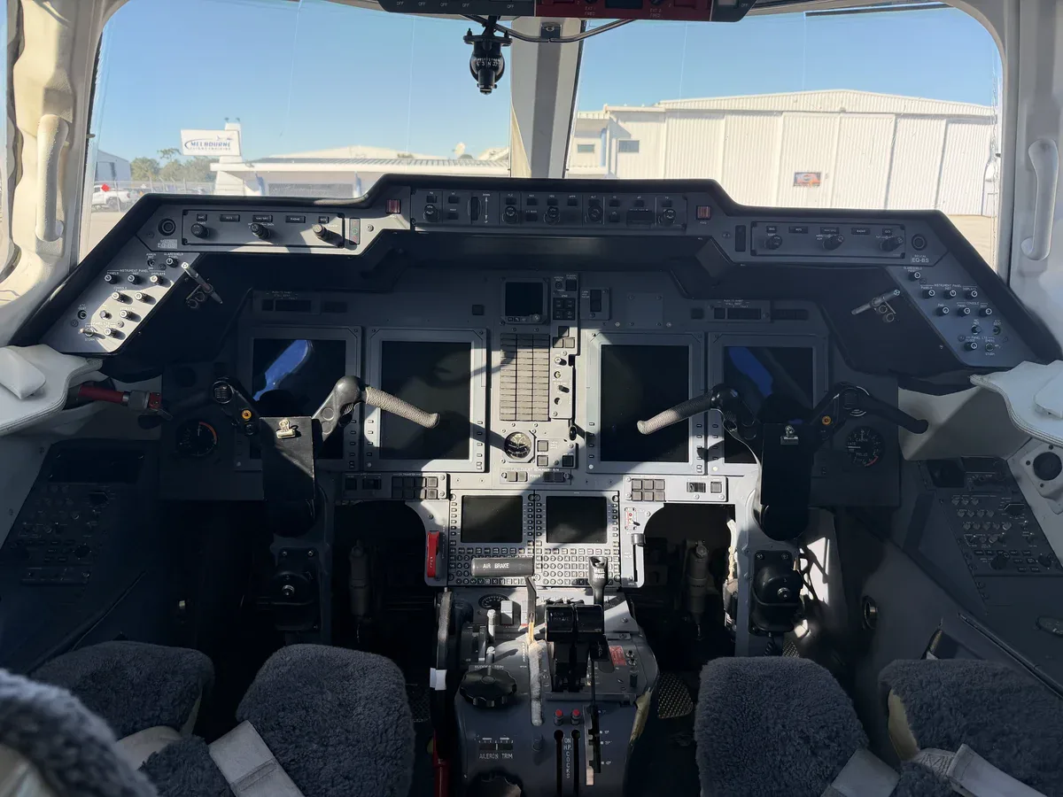 Cockpit and instrument panel of a 2009 Hawker 900XP SN.