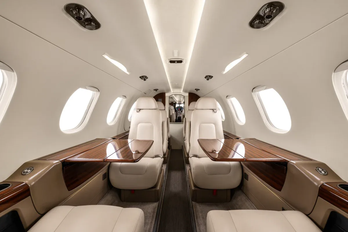 Cabin interior of a 2013 Embraer Phenom 300 SN 50500165.