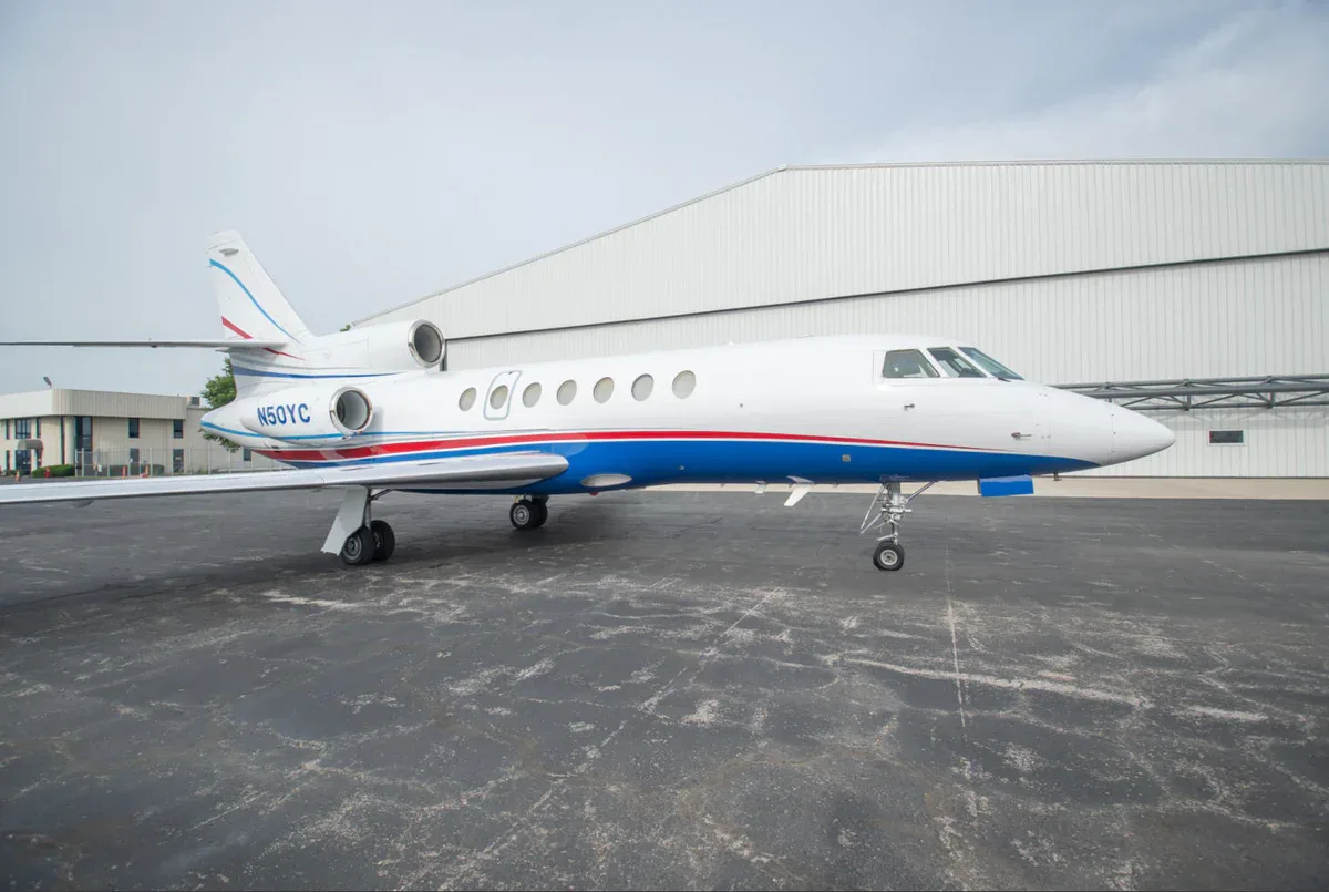 Exterior view of a 1989 Dassault Falcon 50 SN, N50YC.