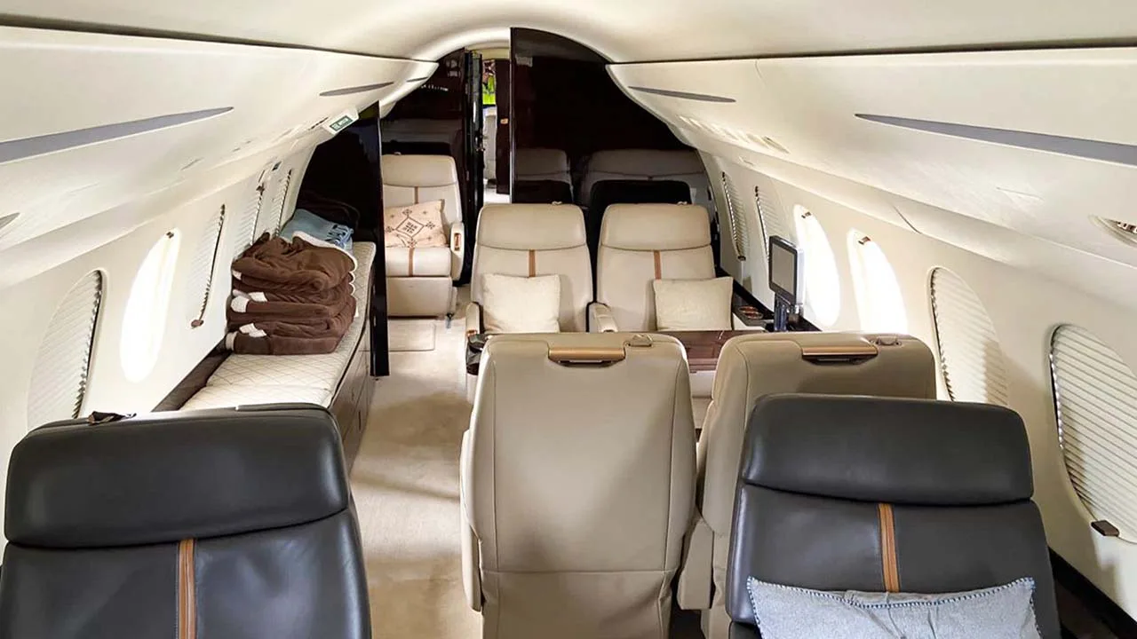 Cabin interior of a Dassault Falcon 7X.