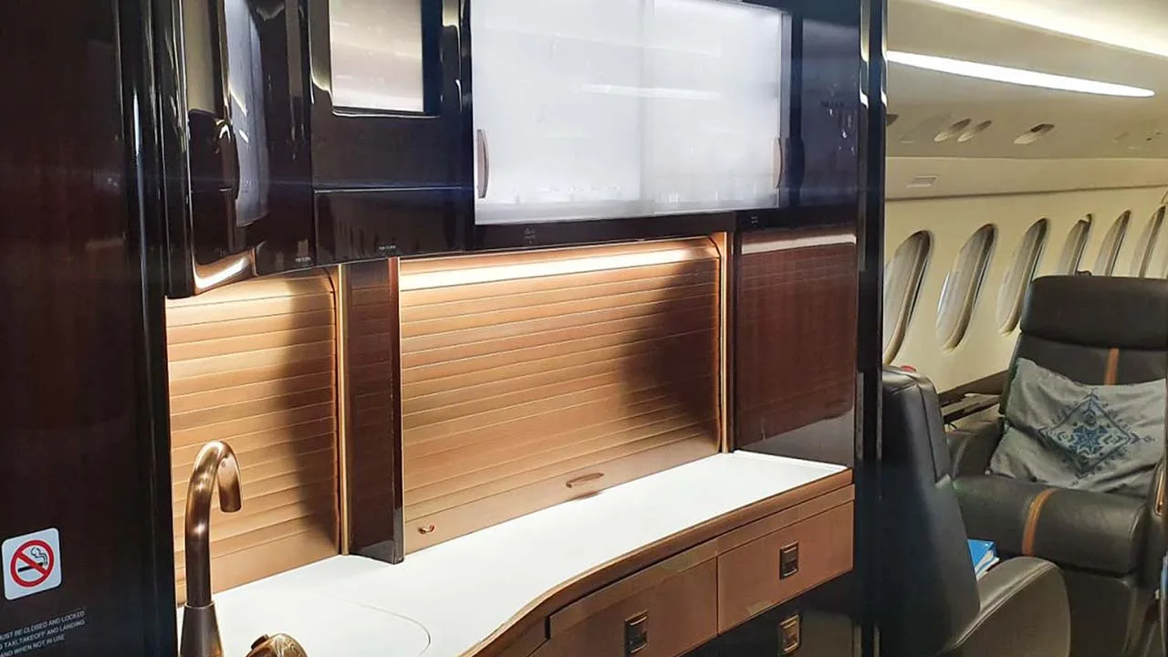 Cabin interior of a Dassault Falcon 7X.