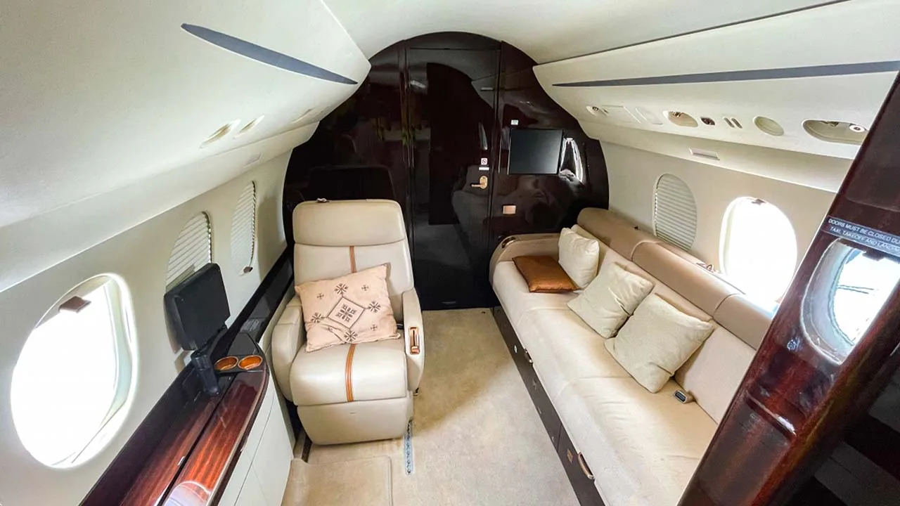 Cabin interior of a Dassault Falcon 7X.