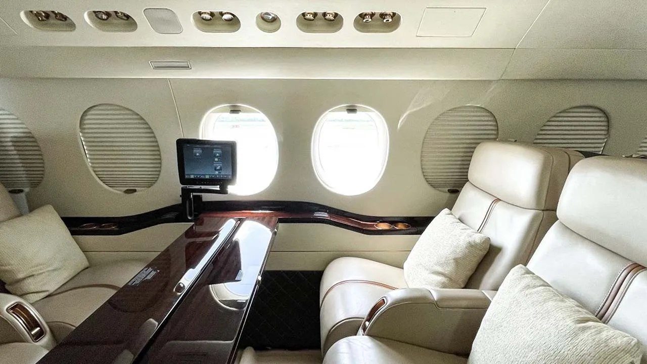 Cabin interior of a Dassault Falcon 7X.