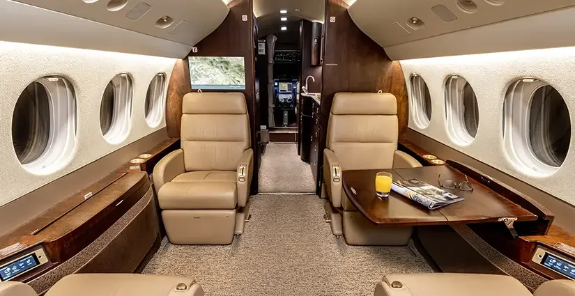Cabin interior of a Dassault Falcon 7X.