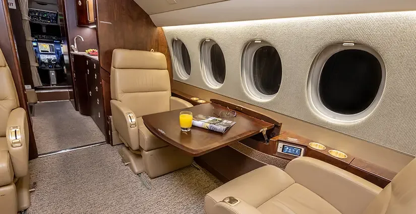 Cabin interior of a Dassault Falcon 7X.